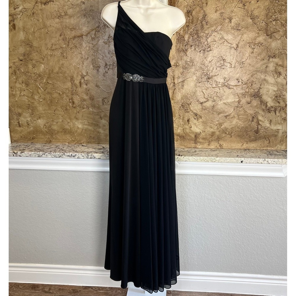 ML Monique Lhuillier Gown Dress 6‎ Black One Shoulder Embellished Chiffon Maxi